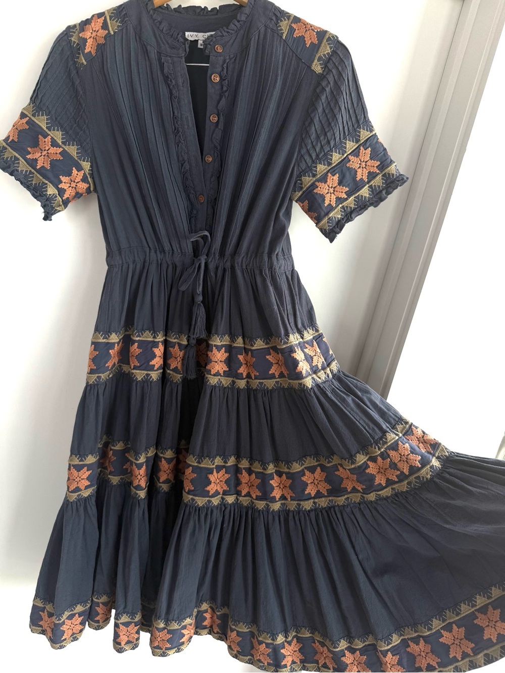 Ivy City Co Navy Midi Dress with Peach & Gold Embroidery